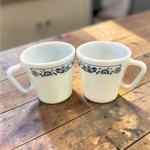 Vintage Pyrex Milk Glass Blue Floral Accent Mugs - Pair